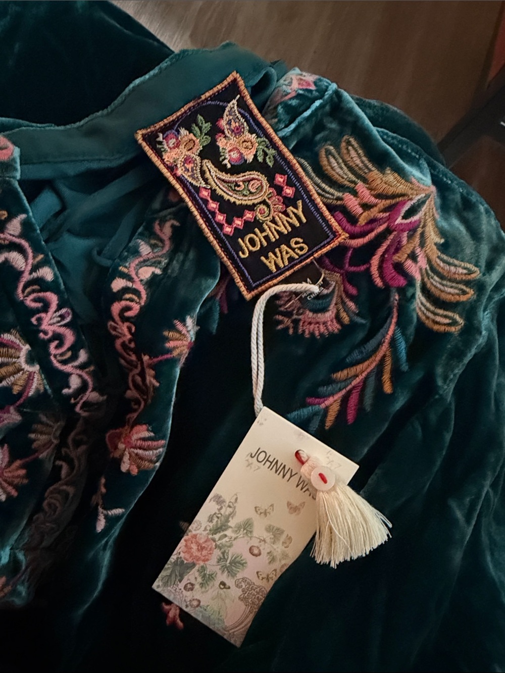 Johnny Was Teal Green Velvet Embroidered Lace-Up Dress - Picture 5 of 5